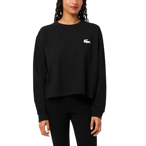Lacoste Women's Fleece Lounge Sweatshirt, (Amazon Exclusives), Black/White, Medium