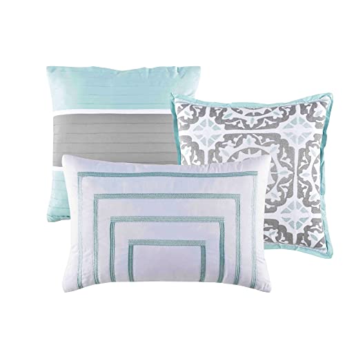 Lanwood Home Mia Cotton 10-Piece Comforter Set, Includes Comforter, Bed Skirt, 2 Pillow Shams, 2 Euro Shams, 3 Throw Pillows & Throw Blanket, Teal, Queen #TOP2
