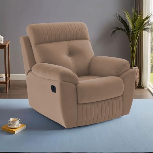 Image of Adorn India Premium Majestic 1 Seater Recliner Manual Sofa Chair | Beige Suede Velvet Fabric | Soft Padded Back Rest & Handrest | Living Room Recliner Chair | 3 Years Warranty