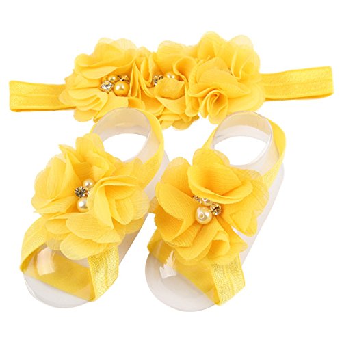 Toptim Baby Girl's Barefoot Sandals Solid Flower for Newborn Infants Toddlers (Headband Sets of 9)