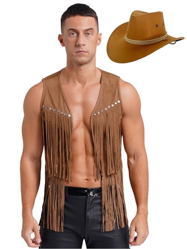 renvena Mens Cowboy Faux Suede Tassel Vest Rivets Fringe Open Front Waistcoat Jacket with Hat