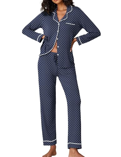 Image of Ekouaer Pajamas Women's Long Sleeve Sleepwear Soft Button Down Loungewear Pjs Lounge Set Nightwear,Navy With White Dots,Small