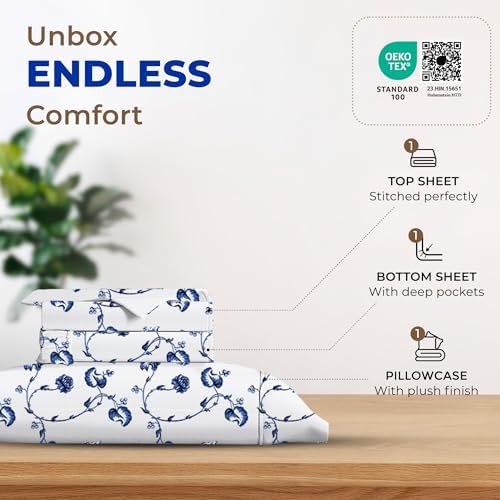 THREAD SPREAD 100% Egyptian Cotton Printed Bed Sheets - 600 Thread Count 4 PC Queen Sheet Set, Hotel Luxury Sateen Bedsheets, 16" Deep Pocket Soft Cooling Sheets for Queen Size Bed - Floral Blue - Thumbnail 5