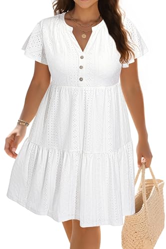 Image of Plus Size Summer Dress Casual Short Sleeve Button Midi Sun Dresses Women