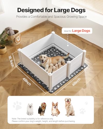 VEVOR Wurfkiste für Hunde, 122x122x46cm, Welpenlaufstall aus Kunststoff-PVC mit höhenverstellbarer Tür & waschbarer PIPI-Unterlage, verformungssicherer Welpenkiste für große Hunde, Milchweiß