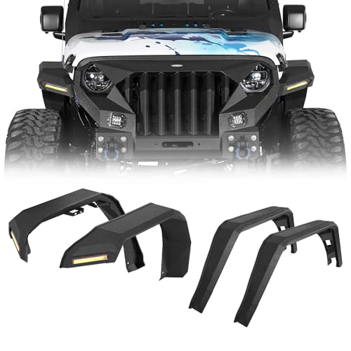 Hooke Road Wide Flat JL Fender Flares for 2018-2025 Jeep Wrangler JL JLU 2/4 Doors, Rugged Style Front & Rear Steel Fenders with LED Turn Signal Lights