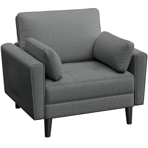 Yaheetech Fauteuil de Salon Moderne avec Accoudoir et Poches Chaise Relax avec Coussins Cadre en Bois Fauteuil Chambre en Tissu pour Salon Gris