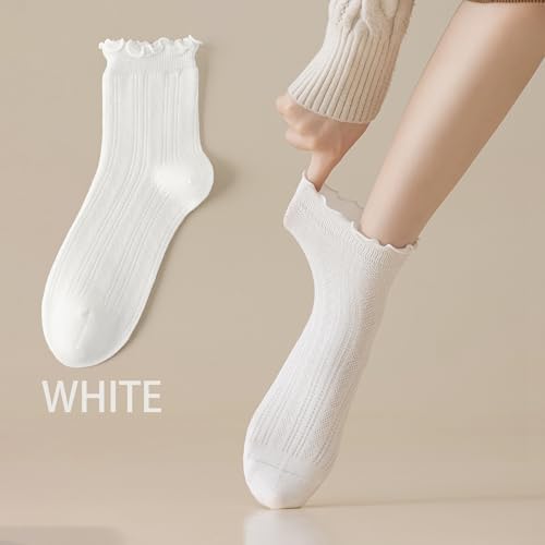 Image of Mcool Mary Womens Crew Socks Ruffle Casual Cotton Frilly Breathable Cute Knit Lettuce Trim Dress Ankle Socks 6 Pack