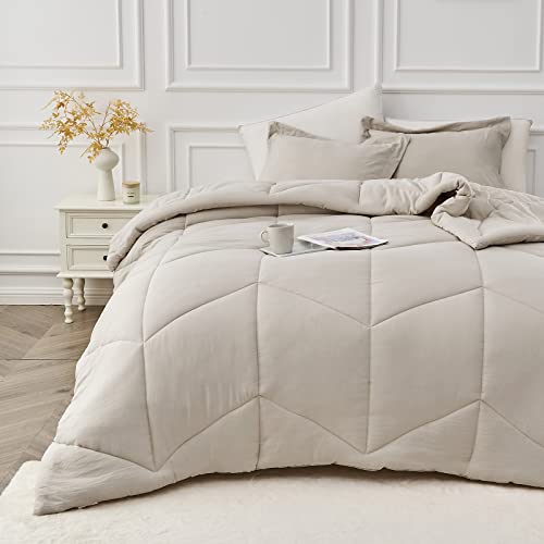 Mildly Queen Comforter Set - Oatmeal Bedding Comforter Sets 100% Washed Microfiber Super Soft 3 Pcs, All Season Fluffy Lightweight Down Alternative Quilted Comforter 88X88 Inches, 2 Pillow Shams #TOP6