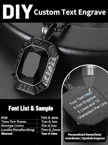 Image of ChainsHouse Viking Rune Pendant Necklace for Men Women, Punk Biker Black Metal /316L Stainless Steel Onyx Norse Vintage Amulet Necklaces with Black /Red /Green /Blue Gemstone, Send Gift Box