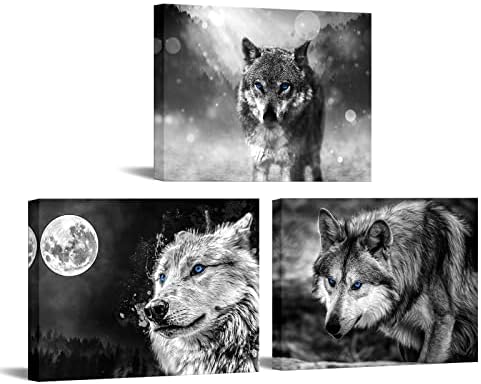 iLOOKLiKE 3 Pieces Wild Animal Wall Art Black and White Wolf with Blue Eyes Pictures Prints on Canvas Wildlife Wolves Wall Decor Artwork Stretched and Frame for Kids Room Bedroom 12x16inchx3pcs