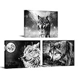 iLOOKLiKE 3 Pieces Wild Animal Wall Art Black and White Wolf with Blue Eyes Pictures Prints on Canva
