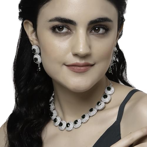 Image of ZENEME Rhodium Plated Silver Toned Triangular Shaped American Diamond Studded Jewellery Set For Women and Girl