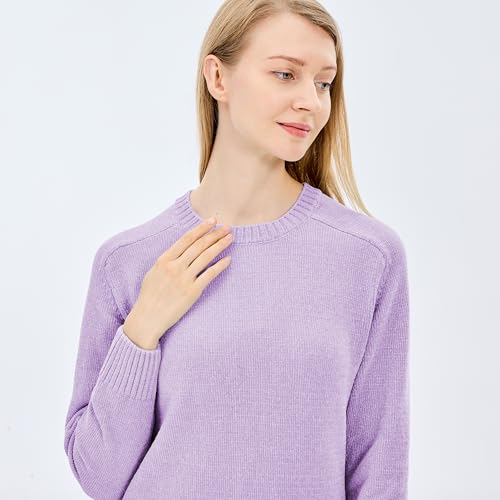 Image of Simple&Opulence Women's Chenille Sweater Crewneck Long Sleeve Pullover Ribbed Cuff Hem Round Neck Jumper Tops