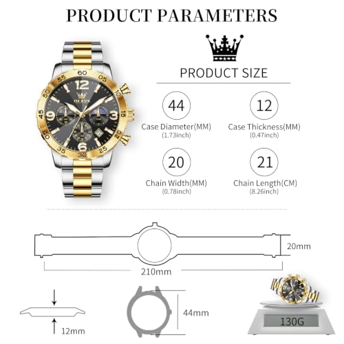 Image of OLEVS Men's Watches Luxury Chronograph Waterproof Dress Business Quartz Analog Stainless Steel Multifunction Fashion Watches with Date, Sun-noon Phase Big Dial 44mm, Luminous Hands Scales