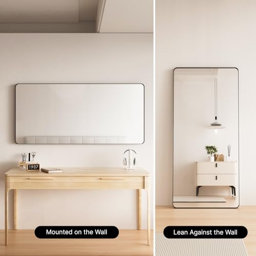 Image of Kosmonia 60x28 inch Black Bathroom Mirror Metal Framed Rounded Rectangle | Oversized Wall Mounted Mirror, Anti-Rust, HD Reflection, Tempered Glass, Hangs Horizontally or Vertically