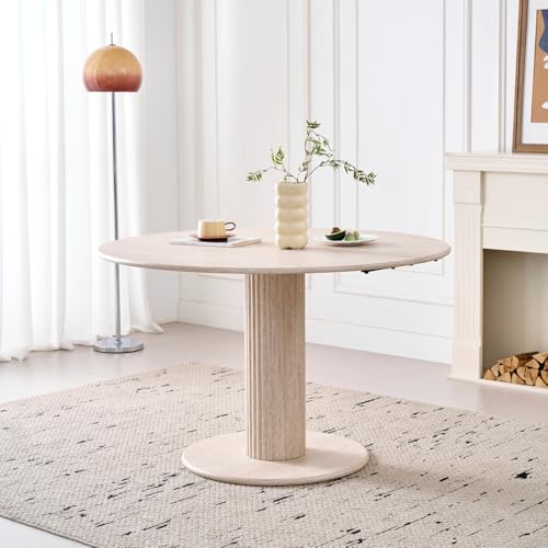 GrandCA HOME Mesa de Comedor Redonda, Sencilla y Moderna, Imitación de Travertino Amarillo, Diámetro de 115 cm, Capacidad para 4-6 Personas