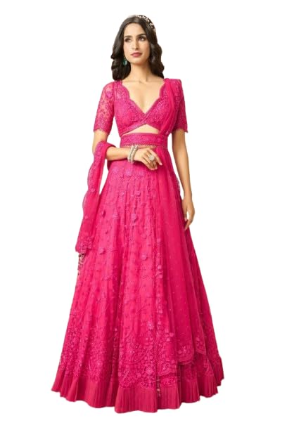 Kit Villa Women's Heavy Net Lace Lehenga Choli, Pink Colour, V-Neck Design-image-19