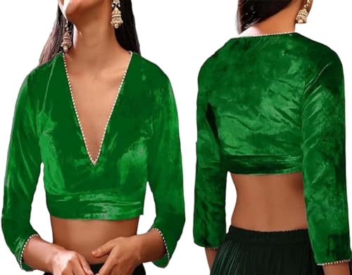 The India's Store Indian Women's Stylist Velvet Saree Blouse Stitched, Sari Choli/Top V-Neck, 3/4 Sleeve with Gotta Patti