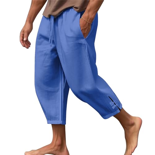 Mens Cotton Linen Pants Casual Drawstring Elastic Waist Yoga Pants Summer Beach Loose Trousers