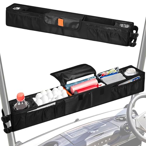 Grekos Golf Cart Inner Storage Tray Upgraded 1680D Golf Cart Front Storage Basket with Insulated Cup Holders Tray Compatible with EZGO Club Car Drive ICON (Black)