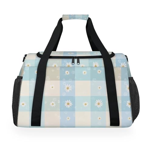 Plaid Blue Brown Daisy Travel Duffel Bag Weekender Overnight Bags for Women Men Foldable Waterproof Tote Bag with Trolley Sleeve