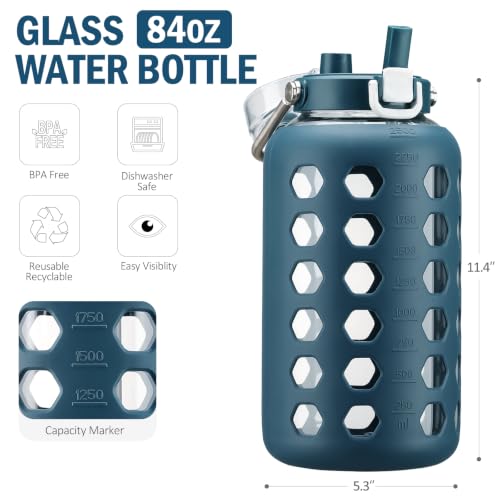 Image of MUKOKO 84 oz Glass Water Bottle, Stainless Steel Handle, Blue