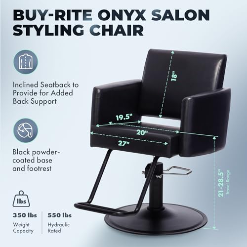 Buy-Rite Onyx Modern Black Hair Stylist Chair for Professional Salons, Open Back, Inclined Seat, Rounded Arms, Premium Vinyl Upholstery, Durable Steel Frame & Footrest, NIN-6610