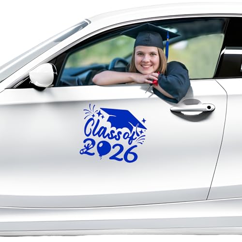 Image of 2PCS Class of 2026 Car Sticker & Graduation Hat Sticker Removable Graduate Decal 8 inchx 7.1 inch Waterproof Vinyl Decals Arts & Crafts for Graduation Party Decorations (Blue)