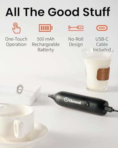 Image of Elementi Milk Frother Wand Rechargeable Drink Mixer - Powerful USB-C Rechargeable Frother Handheld & Coffee Mixer Wand - Hand Held Milk Foamer to Make Perfect Cappuccinos, Lattes & Drink Mixes (Black)