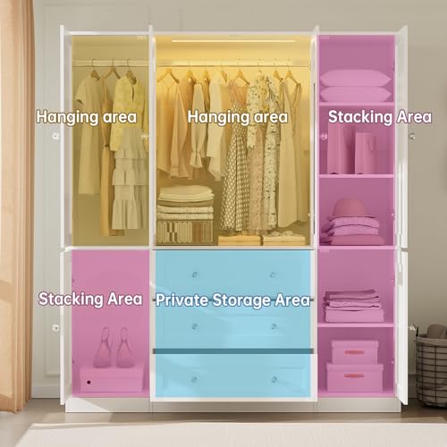 VOWNER 75\" Tall Armoire Wardrobe Closet with Drawers & Lights, Clothing Storage Cabinet with 4 Glass Doors & Hanging Rod, Wooden Armoire Storage Cabinet for Bedroom