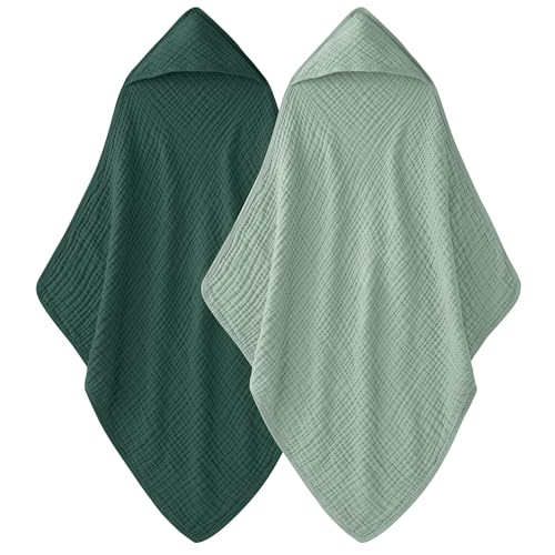 Image of Unnivoll Hooded Baby Towels for Newborn - 2 Pack, 100% Muslin Cotton, Baby Bath Towels with Hood, Soft and Absorbent for Boys, Girls Infant, Toddler and Kids, Large 32x32 Inches, Newborn Essential
