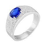 Daesar Anillo de Matrimonio Hombre con Oval con Zafiro Creado de 1.29ct y Moissanita, Oro Blanco 9K, Talla 7(47mm), Anillos de Alianza Plata Azul