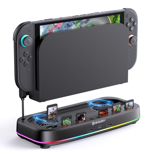 NEWDERY Ventilador de refrigeración para Nintendo Switch 2 Dock con ventiladores duales, 3 velocidades ajustables, modos de luz RGB, 6 ranuras para tarjetas de juego y 3 puertos USB, base de
