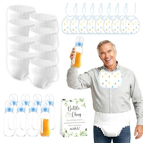 8 Sets Baby Bottles for Baby Shower Game Includes 8 Plastic Bottles Disposable Bibs and Diapers for Gender Reveal Games Bottle Chug Baby Shower Game (Blue)