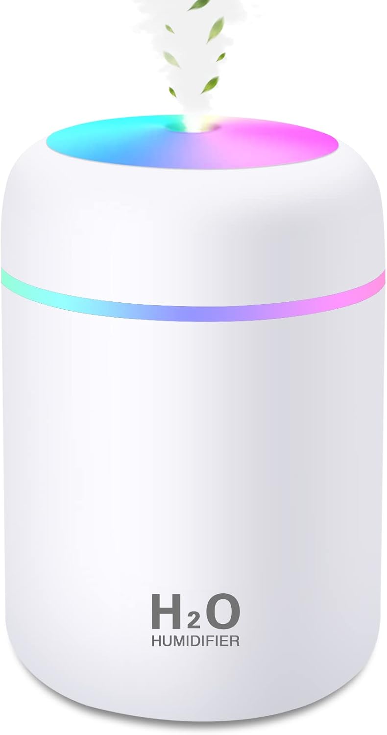 Mini Humidifier, Portable 300ml Cool Mist Humidifier, USB Personal Desktop Small Humidifier, Night Light Function, Super Quiet, Auto Shut-Off, for Car Office, Home, Bedroom, Baby Room, Travel(White)