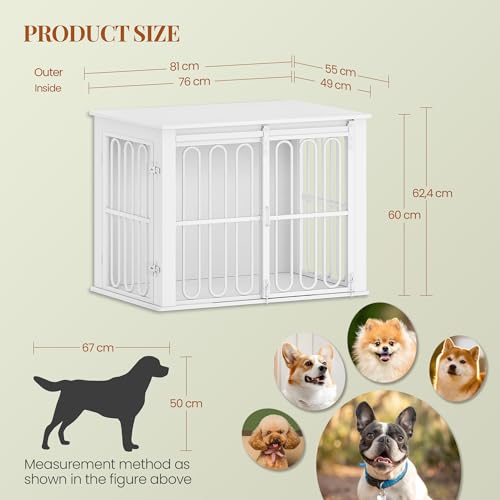 HEXCELEN Hundekäfig-Möbel aus Holz, 81 cm Hundebox für Zuhause, Hundekäfig mit 2 Türen, Schiebetüren, für Kleine, Mittlere Hunde, Robuster, Beistelltisch, 81 × 55 × 62,4 cm, Weiß