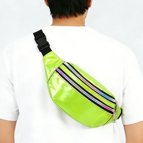 SSKHE Bunte, glänzende Hüfttasche für Party, Karneval, Sport, den täglichen Gebrauch, metallische Bauchtasche mit verstellbarem Riemen, wasserdicht, stilvolle Laser-Gürteltasche, 3 Fächer, grün