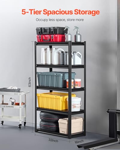 Image of VEVOR Storage Shelves, 2000 lbs, 5 Tier Garage Storage Shelving, 16 inch D x 32 inch W x 63 inch H Adjustable Metal Shelves for Garage Shelves Utility Rack Shelf, Ideal for Kitchen, Warehouse, Basement, Black