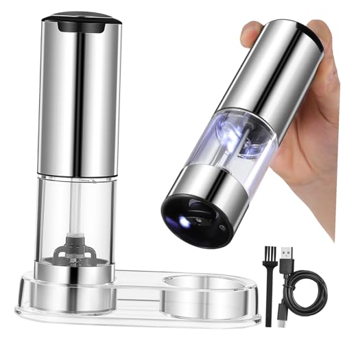 Gadpiparty 2 Pièces Moulin électrique à épices en acier inoxydable rechargeable avec base transparente, set de deux pièces