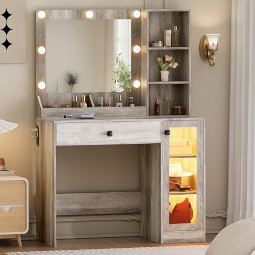 Thacuok Makeup Vanity with Mirror and Lights, 34''W Dressing Table with Charging Station & RGB Glass Cabinet, Small Vanity Desk with 3 Color Lighting Modes & Adjustable Brightness