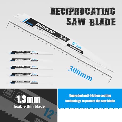 Image of 5 Pack 12 inch Reciprocating Saw Blades Set,8+10TPI High Carbon Saw Blades, Metal Saw Blades with Organizer Case (5, 8+10TPI /12 inch)