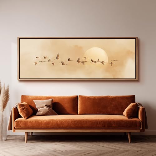 Tableau vintage sépia grue panoramique toile oiseau soleil 30x90cm