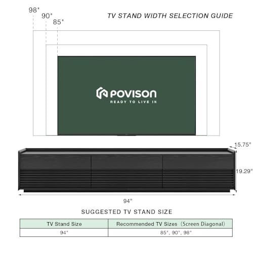 Image of POVISON Fully-Assembled Mid Century Modern TV Stand, 94.49 inch Wood Media Console with Adjustable LED Light, Entertainment Center with Storage for Living Room