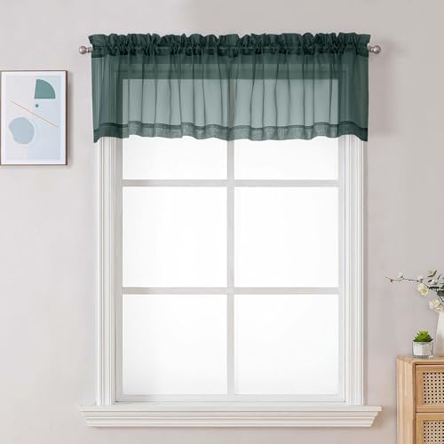 Image of Chyhomenyc Hunter Green Sheer Valances for Windows - Light Filtering Small Kitchen Curtains, Rod Pocket Short Top Window Treatment Decor for Living Room Bathroom Basement, 42Wx16L inches, 2 Panels