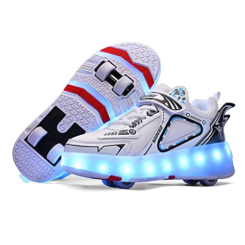 EMDPBD Kids Roller Skates Shoes with USB Chargeable, LED Light Up Roller Shoes with 4 Wheels, Roller Shoes Girls Boys Sneakers Best Gifts,White-7.5BigKid