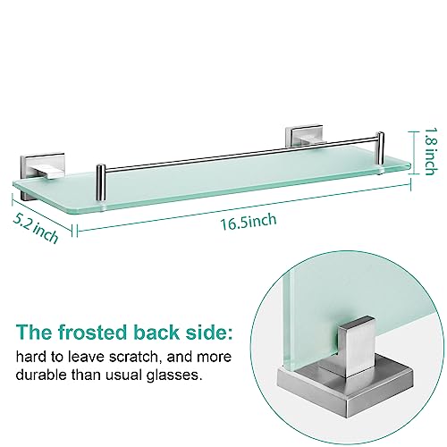 Homeideas Bathroom Glass Shelf - 16.5 Inch Tempered Glass, Wall Mounted Brushed Nickel Shelf - Rustproof Sus 304 Stainless Steel Frosted Glass Shelf #TOP1