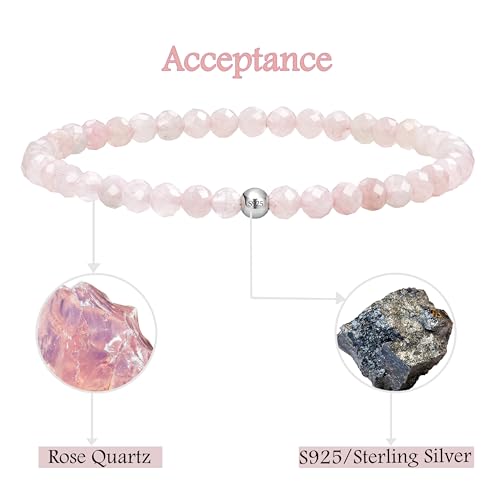 Rose Quartz - Acceptance - Beaded Bracelets for Women, Handmade Natural Stone 4mm Beads 925 Sterling Silver Stretch Bracelets, Chakra Crystal Gemstone Jewelry Gifts4