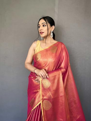 Image of SWORNOF Gold-Toned Woven Design Silk Zari Tissue Saree | Saree for Women | Soft and Skin Friendly