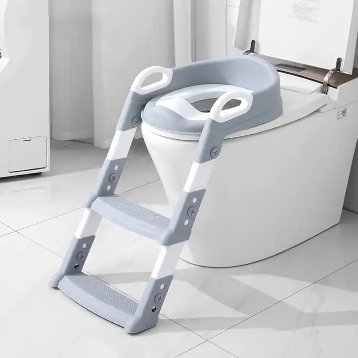 BabyTeddy® Patented Toilet Trainer, Baby Potty Seat/Potty Chair Cushioned With steps And Easy Grip Handle (Grey)